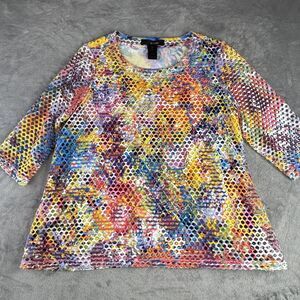 Ali Miles Shirt Womens Petite Medium Multicolor Mesh Overlay‎ Tunic Top Abstract